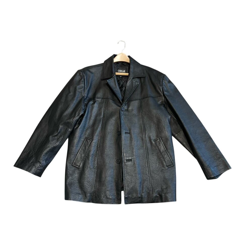 Cougar Black Classic Leather Jacket Size Large Men's Button Up Casual